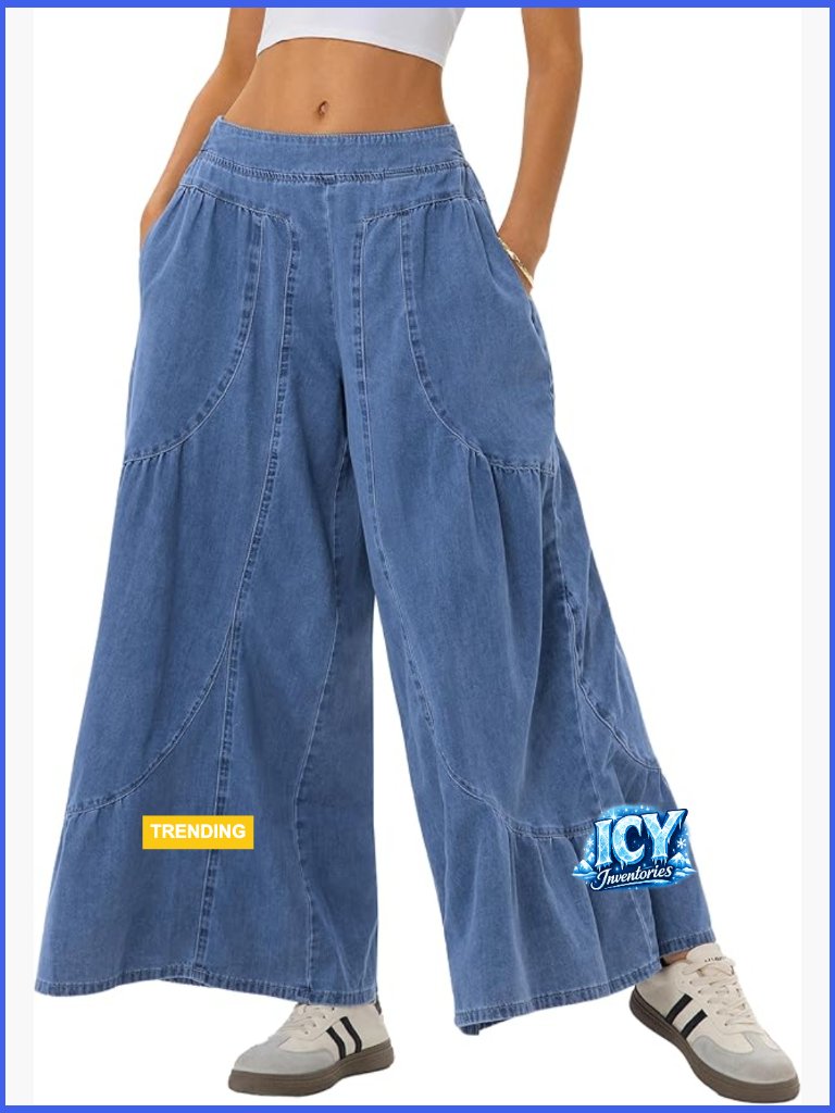 Wide Leg Palazzo Pants Elastic Waist Denim Flowy Tiered Ruffle Hem Trousers